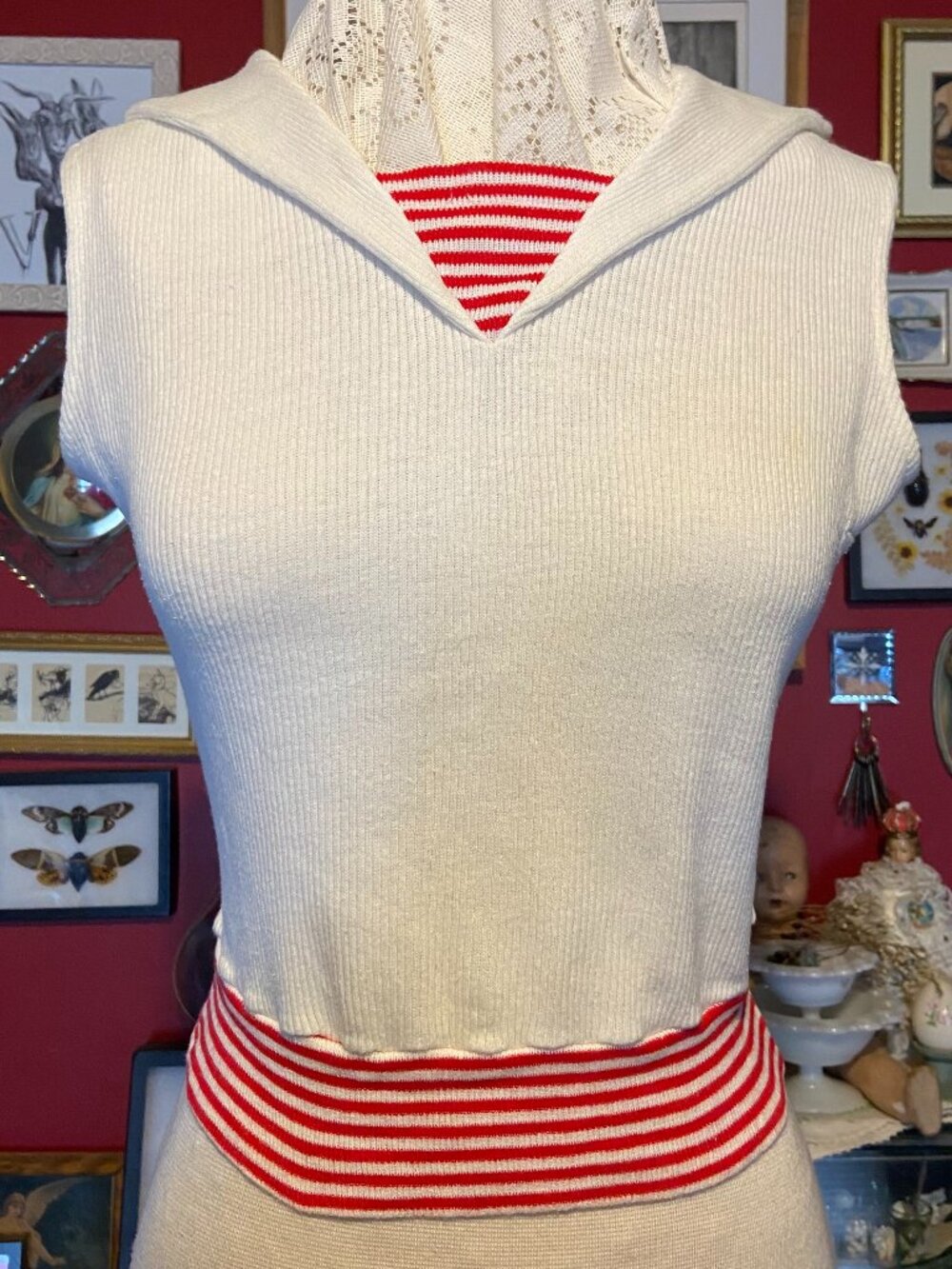 Vintage White Rimmed Sailor Style Shirt 60's to 70's No tags Red Striped Trim